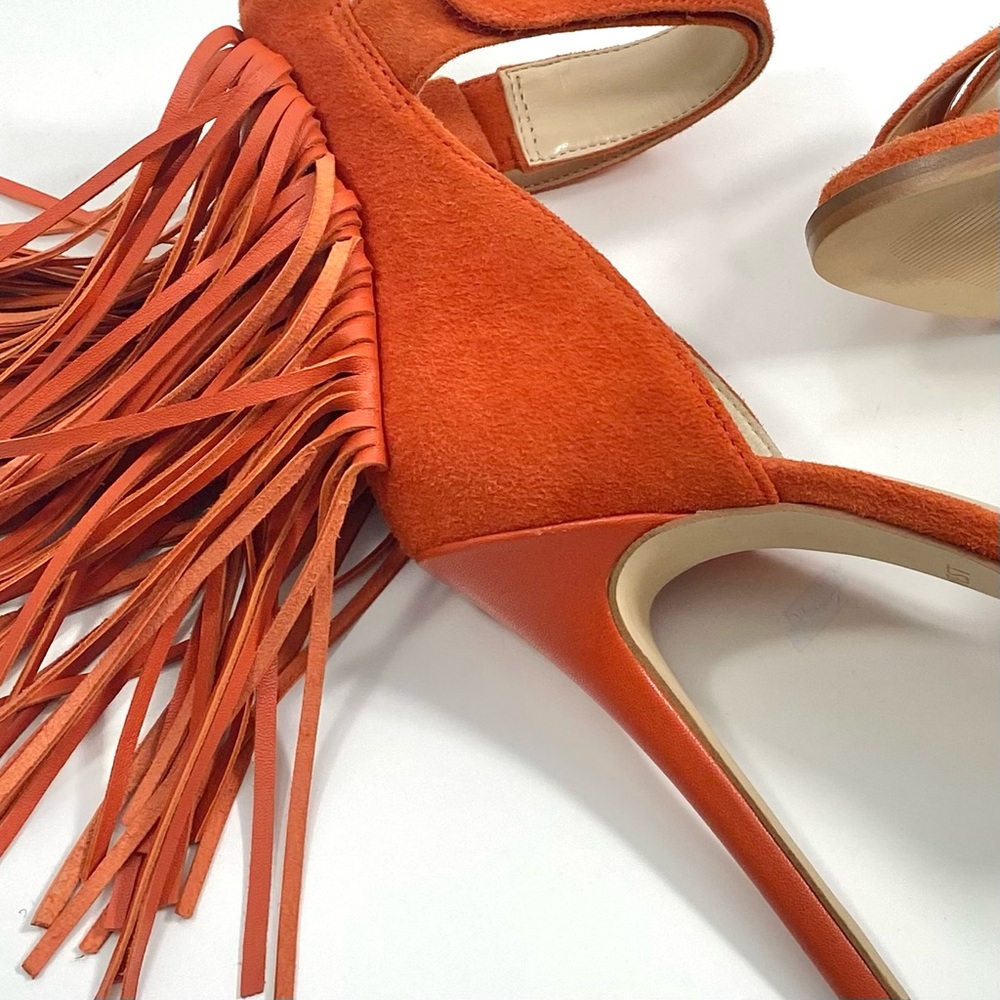 Nine West Hustle Orange Suede Leather Fringe Strappy Stilettos Heels Sandals 7 - Picture 5 of 12